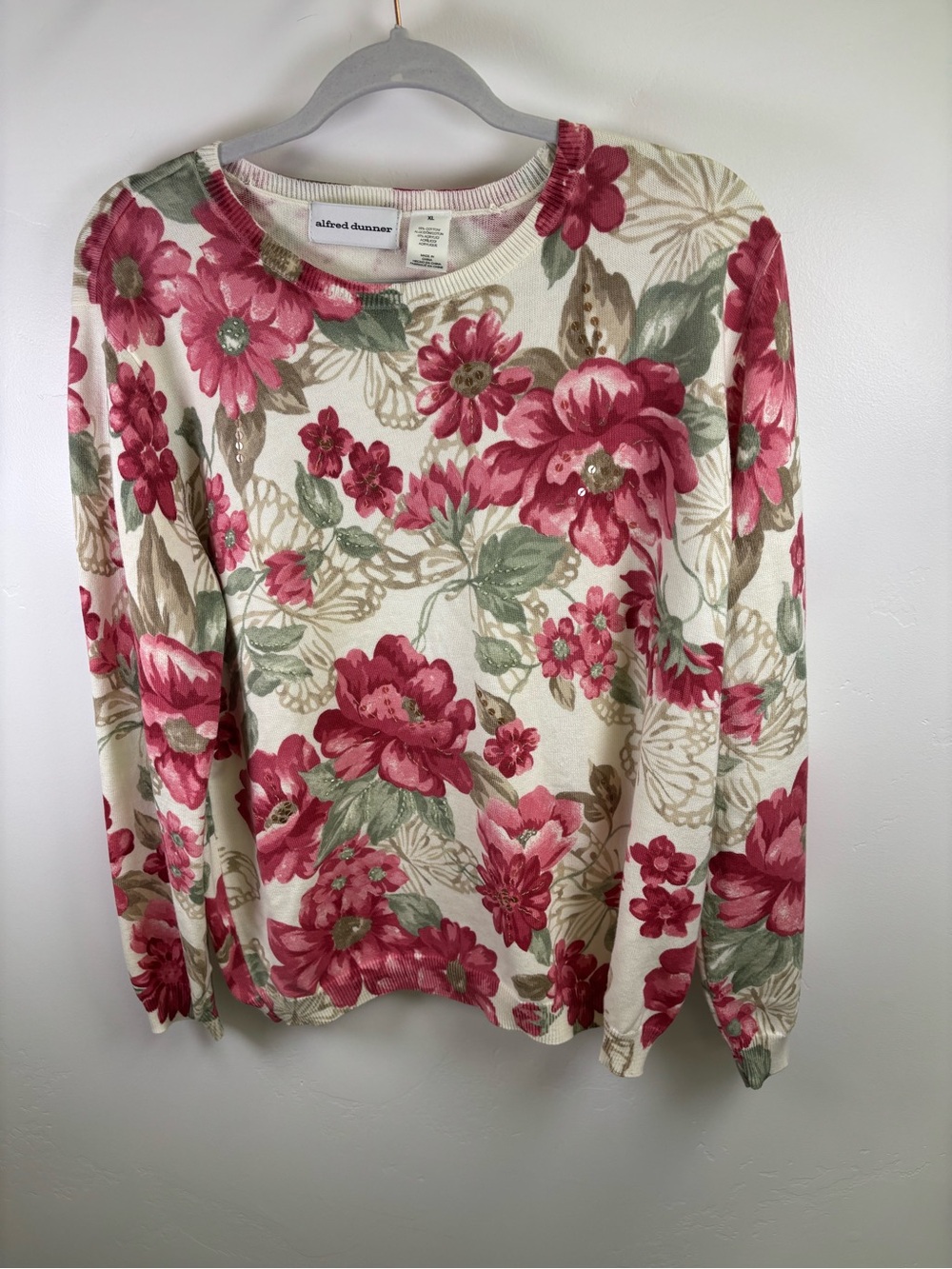 ALFRED DUNNER TOP  SWEATER
WOMEN XL  PINK & CREAM FLOWERS 
SWEATER FEEL